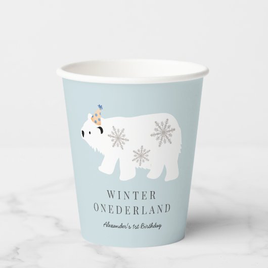 Polar Beer Winter Wonderland Blue 1st Birthday Papieren Bekers (Voorkant)