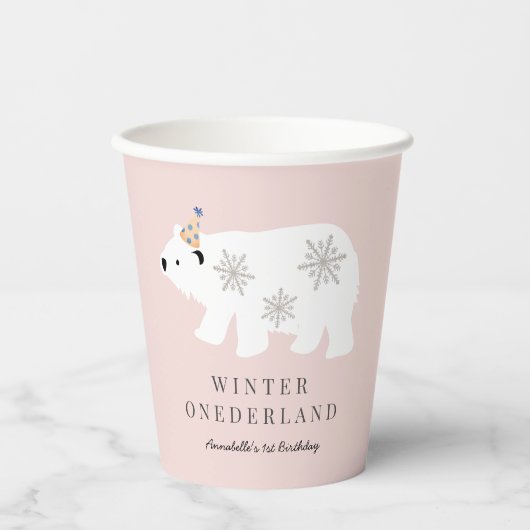 Polar Beer Winter Wonderland Roze 1ste verjaardag Papieren Bekers (Voorkant)