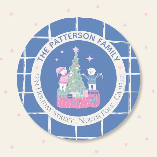 Polar Beren en Christmas Tree Blue Envelope Seal Ronde Sticker