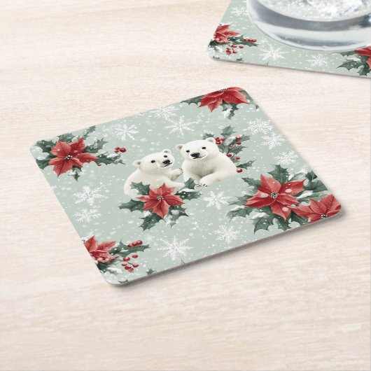 Polar Beren en sneeuwvlokken Vrolijk kerstfeest Kartonnen Onderzetters (Schuin)