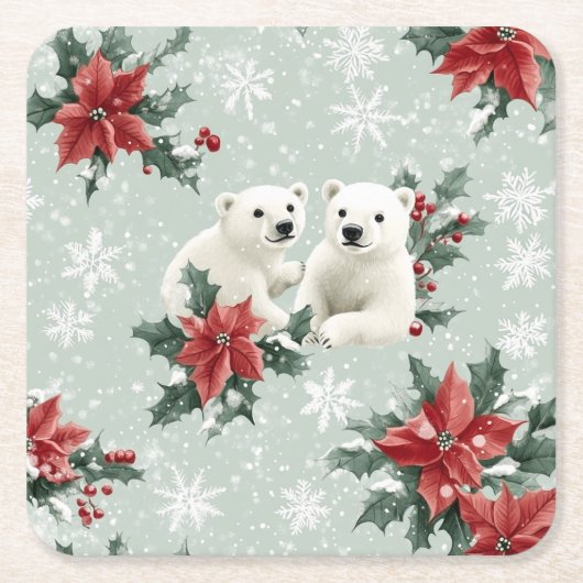 Polar Beren en sneeuwvlokken Vrolijk kerstfeest Kartonnen Onderzetters (Voorkant)