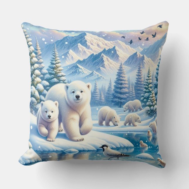 Polar Beren en Snowy Winter Scene Schilderen Kussen (Voorkant)