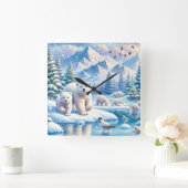 Polar Beren en Snowy Winter Scene Schilderen Vierkante Klok (Huis)