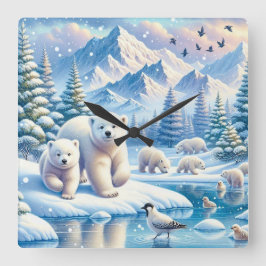 Polar Beren en Snowy Winter Scene Schilderen Vierkante Klok
