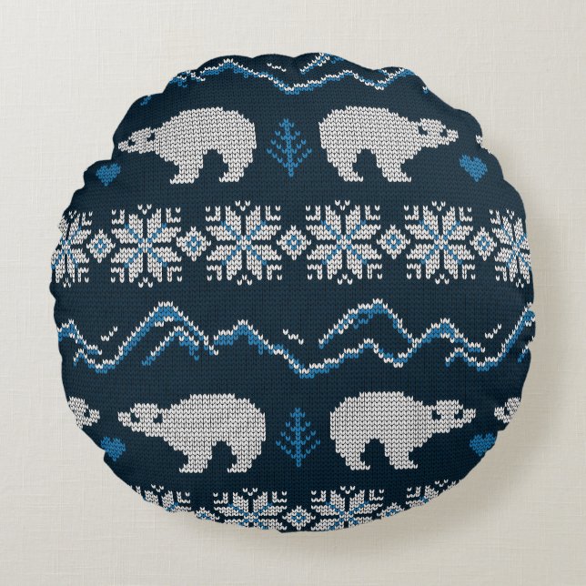 Polar Beren gebreid winterpatroon Rond Kussen (Voorkant)