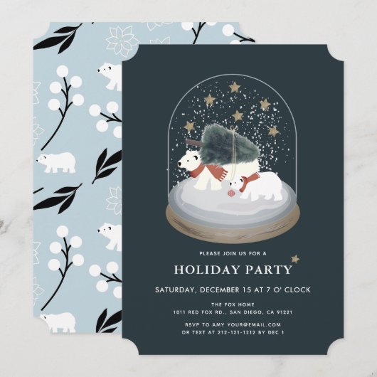 Polar Beren Snow Wereldbol Navy Blue Holiday Party Kaart (Voorkant / Achterkant)