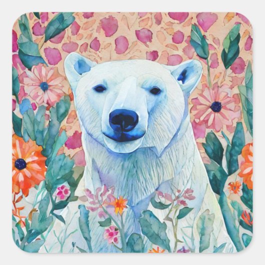 PolarBear & Bloemen Vierkante Sticker (Voorkant)