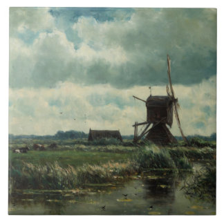 Polderlandschap met windmolen, Willem Roelofs Tegeltje