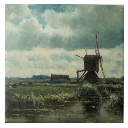 Polderlandschap met windmolen, Willem Roelofs Tegeltje (Voorkant)