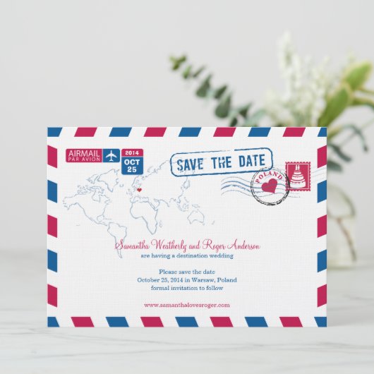 Polen Air Mail Wedding Save the Date (Staand voorkant)