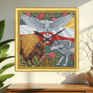 Polen, bizon, wolf, Poolse adelaar, art nouveau Vierkante Klok