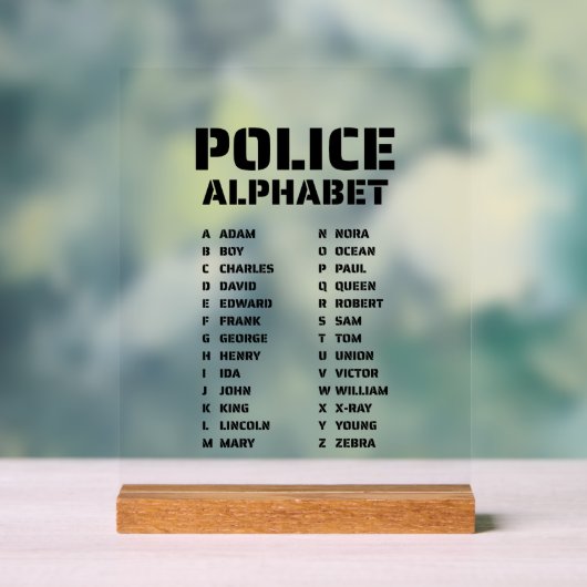 Police Alphabet Identifier Chart Fonetische Code Acryl Bord (Neutraal)