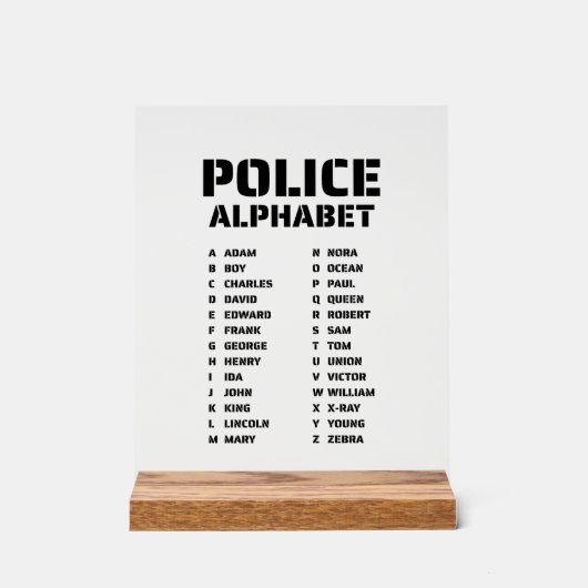 Police Alphabet Identifier Chart Fonetische Code Acryl Bord (Voorkant)