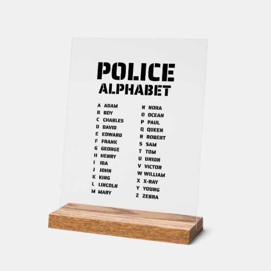 Police Alphabet Identifier Chart Fonetische Code Acryl Bord (Hoek)