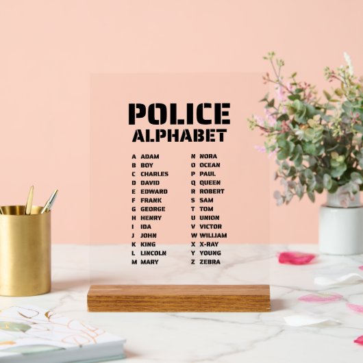 Police Alphabet Identifier Chart Fonetische Code Acryl Bord (Huwelijk)