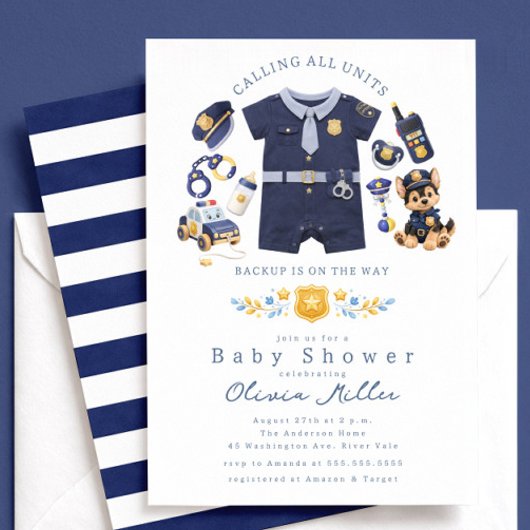 Police Baby Shower Invitation Blue Stripe Kaart