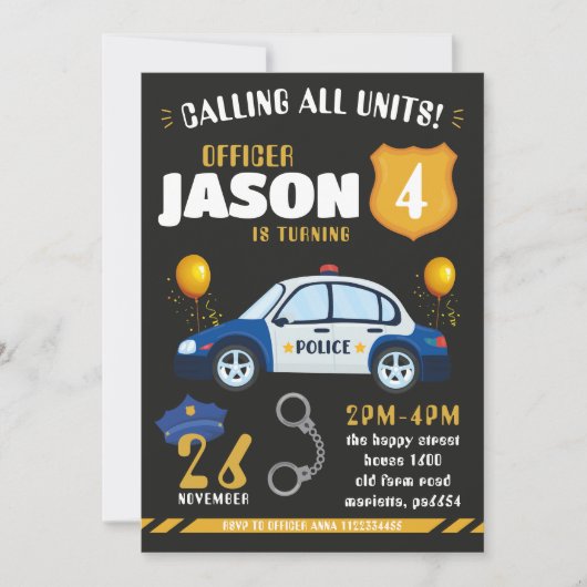 Police Black Invitation for Birthday Party Cops Kaart (Voorkant)