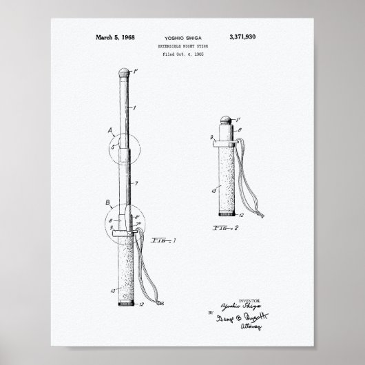 Police Extensible Stick 1968 Patent - White Paper Poster (Voorkant)
