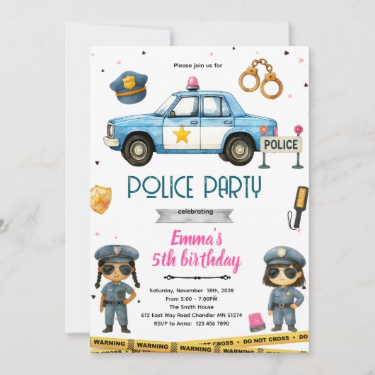 Police girl party theme invitation kaart (Voorkant)