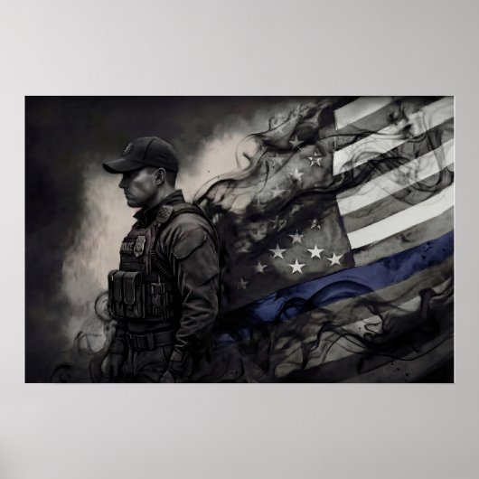 Police Officer Tribute Blue Line American Flag Art Poster (Voorkant)