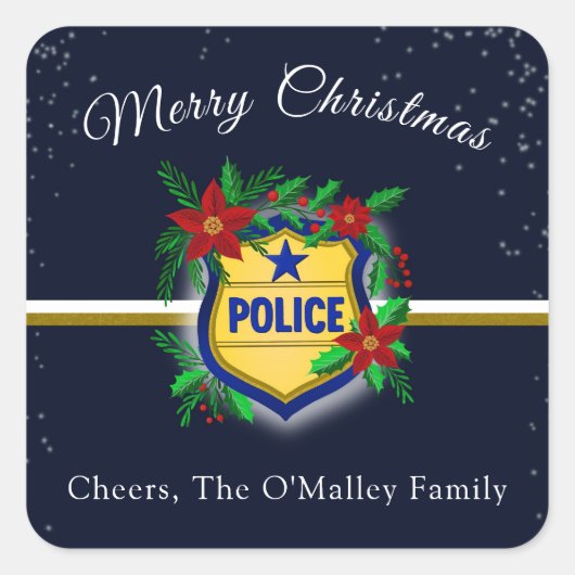 Police Shield With Poinsettias Merry Christmas  Vierkante Sticker (Voorkant)