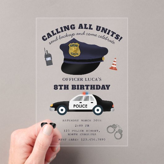 Police Themed Policeman Cop Birthday Party Acryl Uitnodigingen (Insitu (Draagbaar))