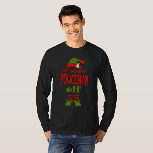 Policeman Elf Naughty Christmas Matching Pajama Pa T-shirt (Voorkant volledig)