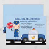 Policeman Rescue Heroes Birthday Uitnodiging (Voorkant / Achterkant)