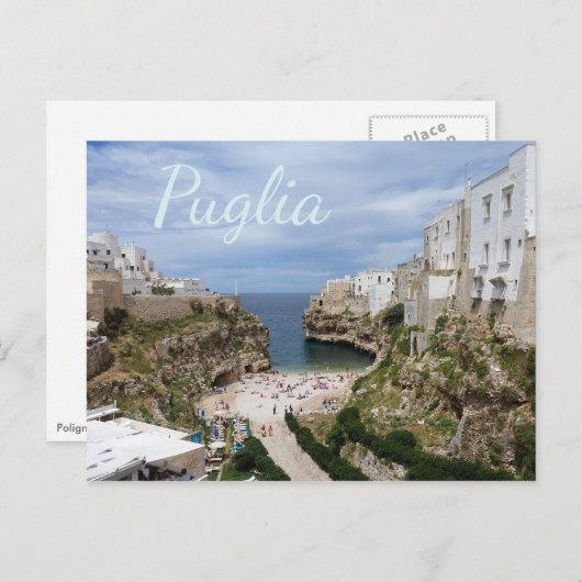 Polignano a Mare City strand, Puglia text briefkaa Briefkaart (Voorkant / Achterkant)