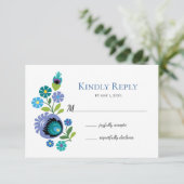 Polish Folk Flowers Blauw Blauwgroen Bruiloft RSVP (Staand voorkant)