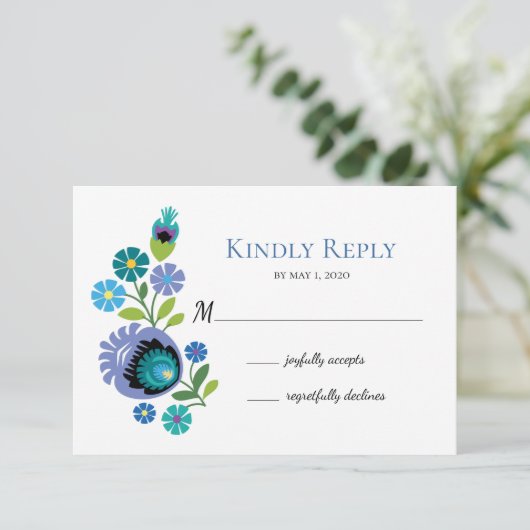 Polish Folk Flowers Blauw Blauwgroen Bruiloft RSVP (Staand voorkant)