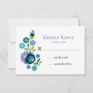 Polish Folk Flowers Blauw Blauwgroen Bruiloft RSVP Kaartje