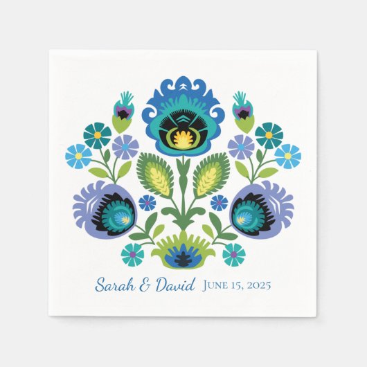 Polish Folk Flowers Blauw Blauwgroen Bruiloft Serv Servet (Voorkant)