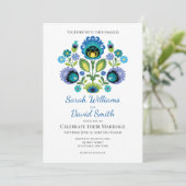 Polish Folk Flowers Blauw Blauwgroen bruiloft uitn Kaart (Staand voorkant)