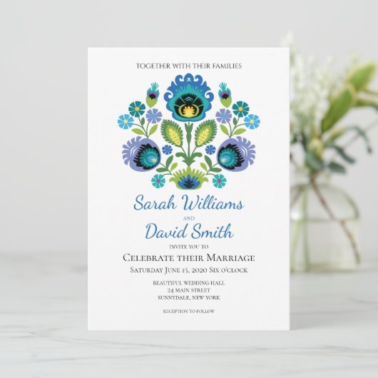Polish Folk Flowers Blauw Blauwgroen bruiloft uitn Kaart (Staand voorkant)