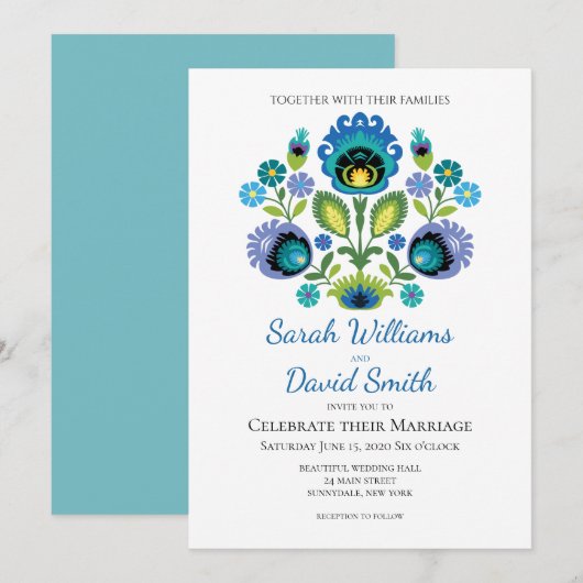 Polish Folk Flowers Blauw Blauwgroen bruiloft uitn Kaart (Voorkant / Achterkant)