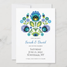 Polish Folk Flowers Blue Blauwgroen Save the Date