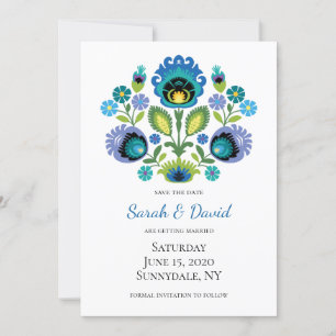 Polish Folk Flowers Blue Blauwgroen Save the Date Kaart