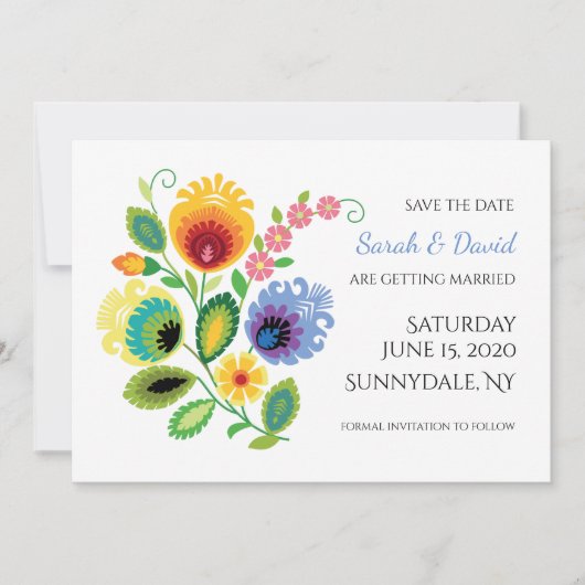Polish Folk Flowers Yellow Save the Date Kaart (Voorkant)