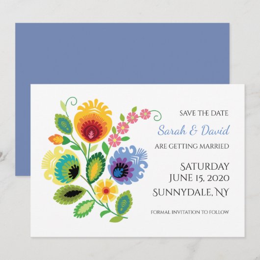 Polish Folk Flowers Yellow Save the Date Kaart (Voorkant / Achterkant)