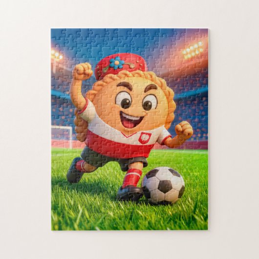 Polish pierogi soccer player on bright stadium fie legpuzzel (Verticaal)