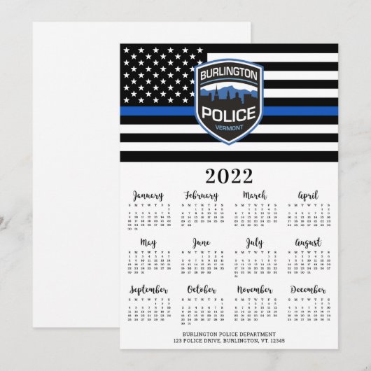 Politie 2022 Thin Blue Line Logo 12-maandkalender Feestdagenkaart (Voorkant / Achterkant)