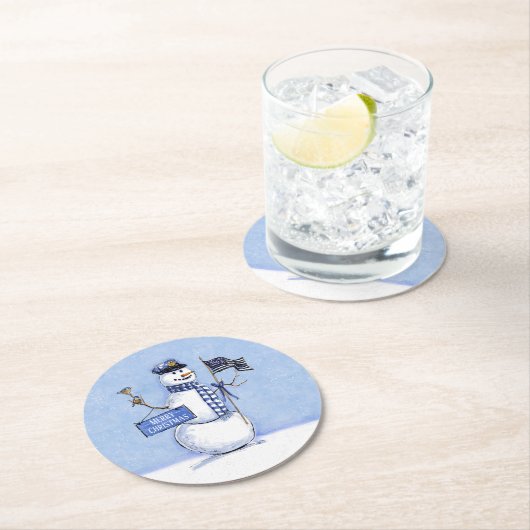 Politie Dunne Blauwe Lijn Sneeuwman Kerstmis Ronde Kartonnen Onderzetter (Insitu)