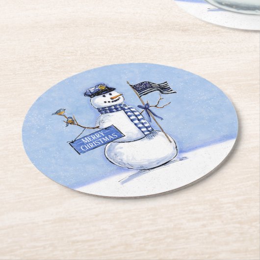 Politie Dunne Blauwe Lijn Sneeuwman Kerstmis Ronde Kartonnen Onderzetter (Gebogen)