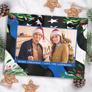 Politie Dunne Blauwe Lijn Vlag Douane Foto Kerstmi Feestdagenkaart