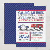 Politie en brandweer verjaardagsuitnodiging met en kaart (Voorkant / Achterkant)