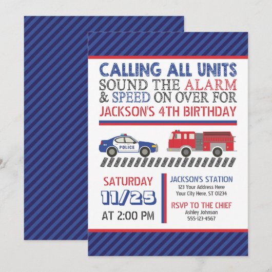 Politie en brandweer verjaardagsuitnodiging met en kaart (Voorkant / Achterkant)
