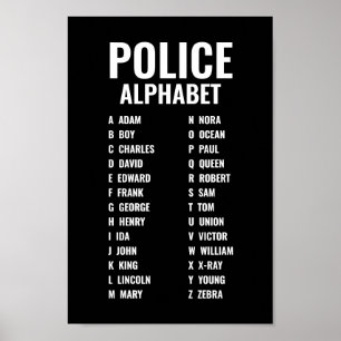Politie fonetisch alfabet zwart-wit poster