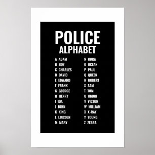 Politie fonetisch alfabet zwart-wit poster