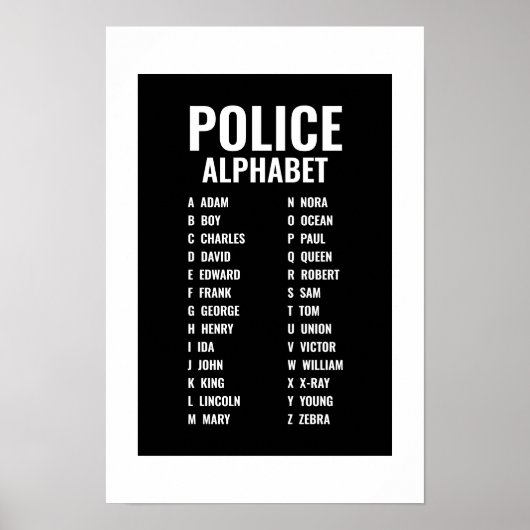 Politie fonetisch alfabet zwart-wit poster (Voorkant)